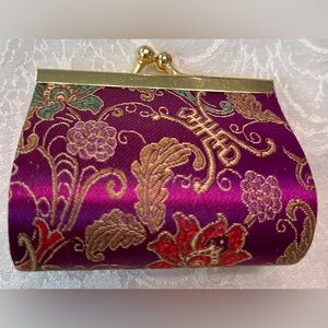 Vintage Kiss Lock Lipstick Case Coin Purse in Satin Purple Brocade